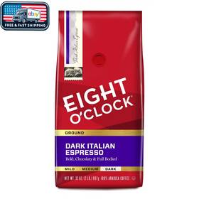 100% Arabica Coffee. 445039976965 Eight Oftclock Dark Italian Espresso Roast Ground 32oz Bag Rich