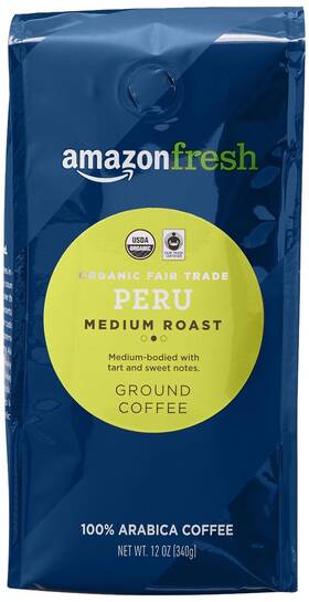 Amazon Fresh 084237910325 Organic Fair Trade Peru Ground Coffee Medium Roast 12 Ounce
