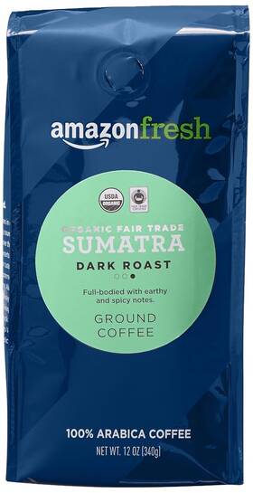 Amazon Fresh 445030357305 Organic Fair Trade Sumatra Ground Coffee Dark Roast 12 Ounce