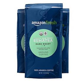 Amazon Fresh 842379106194 Organic Fair Trade Sumatra Ground Coffee Dark Roast 12 Ounce Pack Of 3