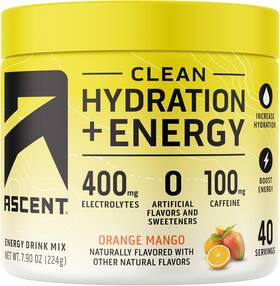 Ascent 815863021686 Clean Hydration Energy Electrolytes Powder Orange Mango 7.9 Oz
