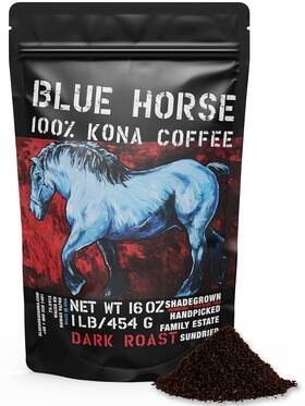 Blue Horse Kona Coffee 680569164377 100 Dark Roast Ground Arabica 16 Oz 1 Lb Bag. Farm