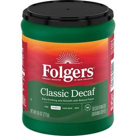 57955002 Branded Folgers Decaf Coffee Ground Classic Medium Roast 9.6 Oz Canister