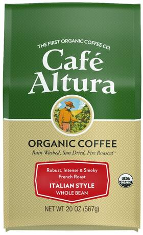 Cafe Altura 032843336268 Whole Bean Organic Coffee Italian Style 6 X 20 Oz