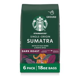 Coffee 313047820860 Sumatra Dark Roast Ground 100% Arabica 6 Bags 18 Oz Each
