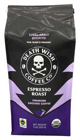 Death Wish Coffee 810063343088 Organic Espresso Roast Ground 9 Oz