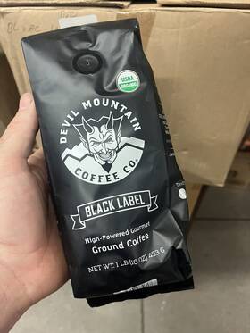 Devil Mountain Coffee 445011228280 Black Label Dark Roast Ground High Caffeine 16 Oz Bag