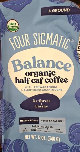 M015839 Four Sigmatic Balance Organic Half Caf Coffee Ground Medium Roast Caramel 12 Oz