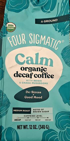 M016914 Four Sigmatic Calm Organic Decaf Coffee Ground Medium Roast Brown Sugar 12 Oz