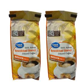 Great Value 629722736754 Breakfast Blend Ground Coffee 100% Arabica Medium Roast 12 Oz 2 Pack