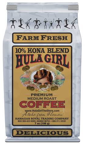 198grams Hula Girl 782358100129 10% Hawaiian Kona Coffee Blend 7oz Medium Roast