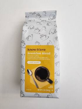 Know & Love 607880304428 Breakfast Blend Light Roast Ground Coffee Net Wt 12 Oz 340g