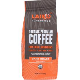 74312 Laird Superfood Dark Roast Organic Peruvian Ground Coffee Cold Brew 12 Oz