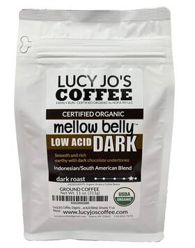 Lucy Jos Coffee 752423480746 Organic Mellow Belly Dark Low Acid Blend Ground 11 Oz