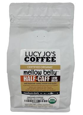 Lucy Jos Coffee 752423480906 Organic Mellow Belly Half-caff Low 10.5 Ounce Pack Of 1