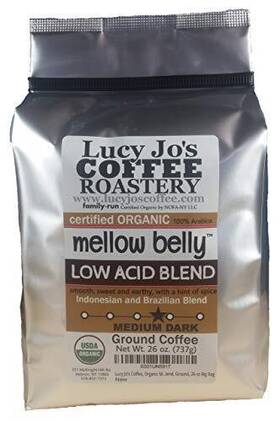 Lucy Jos Coffee 752423481842 Organic Mellow Belly Low Acid Blend Medium Dark Roast Ground 26 Oz