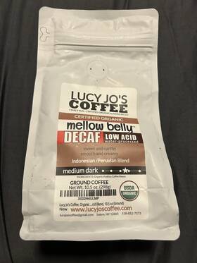 Si-175 Lucy Jos Coffee Organic Mellow Belly Decaf Low Acid Blend Ground 10.5 Oz