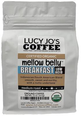 Roastery 445029279212 Organic Mellow Belly Breakfast Low Acid Blend Medium Roast Ground 11 Oz