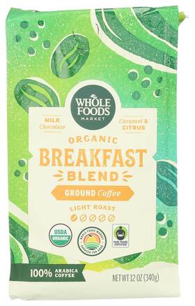 Whole Foods Market 0099482523107 Organic Breakfast Blend Ground Coffee Light Roast Milk Cho