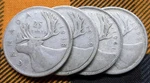 80% Silver Canadian Caribou Quarters, 0.6OZ Asw Total, 1938, 1941, 1956. Fixed Price $55.46.