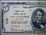 1929 $5 San Francisco California Fine National Bank Note Currency Lot #530 Nr. Fixed Price $175.00.