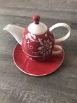 Hues Brew 4PC Tea Coffee For One Plate Cup & Pot/lid Stack Red/white. Fixed Price $20.75.
