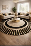 Black Gold Round Rug Hand Tufted Wool Art Deco Modern Geometric Sunburst. Fixed Price $275.94.