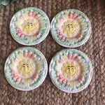 Mercuries Country Farm Sun Tea Bag Set Of 4 Round Hand Painted Plates Butter Pat. Fixed Price $15.40.