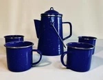 Vintage Marlboro Miles Blue Enamel Camping Coffee Pot Set W/ 4 Cups Mug. Fixed Price $34.99.