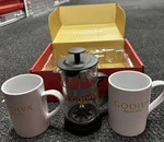 Discontinued Godiva Coffee French Press Set 2 Ceramic Logo Mugs. Fixed Price $131.77.