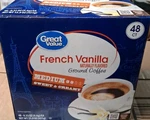 Great Value 100% Arabica French Vanilla Medium Roast Ground Coffee Pods, 48 Ct. Fixed Price $18.00.
