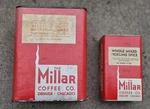 2 Vintage Millar Coffee Tins Chicago Denver, Cherry Gelatin & Pickling Spice. Fixed Price $40.00.