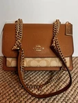 Coach Klare Crossbody Bag Signature Canvas Khaki Saddle Gold Chain Flap C91019. Fixed Price $179.00.