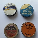 Antique Retro Metal Jar Lids: Sanka Coffee, Glove Kid Peanut Butter, Kraft. Fixed Price $16.00.