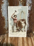 Victorian Trade Card Arbuckle's Ariosa Coffee Man Swinging Sledge Hammer At Bull. Fixed Price $9.95.