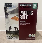 Kirkland Signature Pacific Bold Organic Dark Roast Coffee 120 Count K-cup Pods. Fixed Price $39.95.