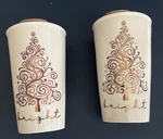 Set 2 Marketplace Coffee Tall Mugs Christmas 16OZ Lid Cream W/gold Design. Fixed Price $17.00.