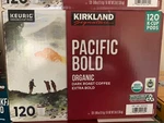 Kirkland Signature Pacific Bold K-cups, Organic Dark Roast Coffee, 120 Count. Fixed Price $46.50.