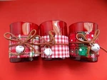 Set Of 3 Ruby Red Glass Votive Candle Holders "jingle Bells" New Box. Fixed Price $14.99.