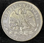 1872 Mexico Pi One Peso Silver Coin Rare High Value. Fixed Price $125.00.