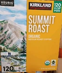 Kirkland Signature Organic Summit-medium Roast Coffee, 120 K-cup Pods. Fixed Price $39.00.