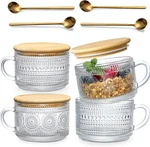 Embossed Glass Cups Set With Bamboo Lids & Spoons For Iced Coffee Daily Use!. Fixed Price $28.99.