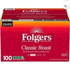 Folgers Classic Roast Coffee K-cups, Medium 100 Count. Fixed Price $65.99.