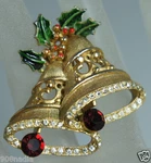 Vintage Gold Tone,enamel,clear & Ruby Red Rhinestones Jingle Bells Brooch/pin. Fixed Price $39.00.