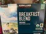 Kirkland Signature Breakfast Blend, Organic Light Roast Coffee, 120 Count. Fixed Price $46.50.