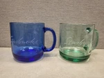Starbucks Straight-walled Mugs Blue & Green Glass Cursive Etched Set Of 2. Fixed Price $24.99.