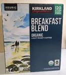 Kirkland Signature Breakfast Blend Organic Light Roast Coffee (120 K-cup Pods). Fixed Price $62.00.