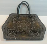 Big Brown Bag With 1 Inside Pocket Zip Up Embroidery And Studs Front. Fixed Price $29.99.