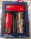 Starbucks Gift Two Tumblers Via Packet Holiday Coffee Blend. Fixed Price $30.99.