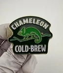 Green Chameleon Cold-brew Coffee Enamel Pin. Fixed Price $6.75.